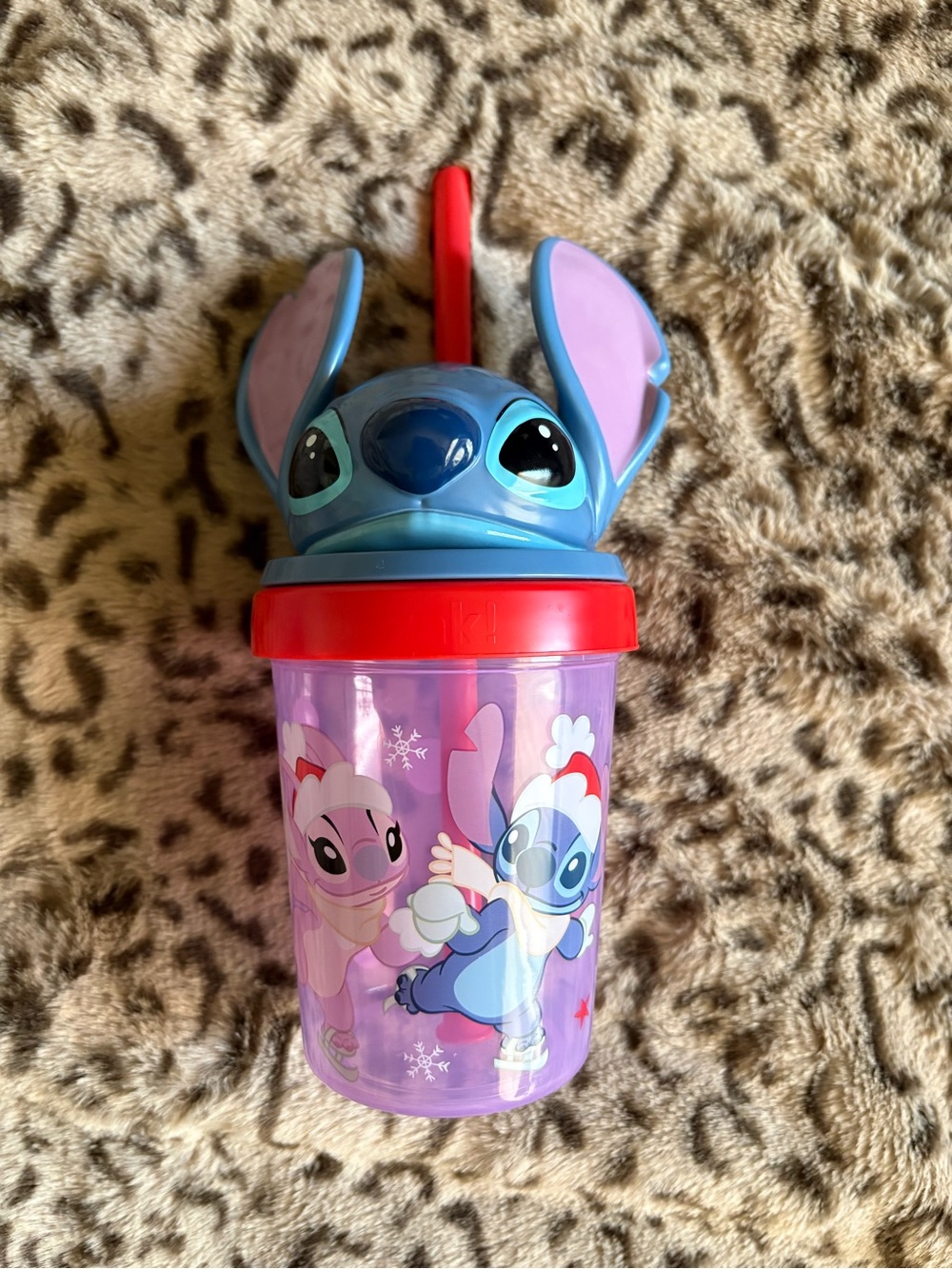 Disney ChristmasStitch Kids Straw Cup - Purple/Blue with Red Lid